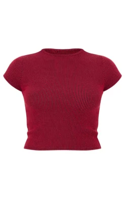 Hot PrettyLittleThing Two Tone Crinkle Rib T-shirt Burgundy