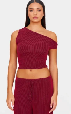 New PrettyLittleThing Two Tone Crinkle Rib Off Shoulder Top Burgundy