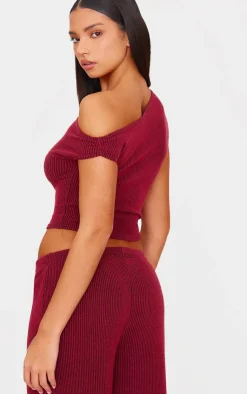 New PrettyLittleThing Two Tone Crinkle Rib Off Shoulder Top Burgundy