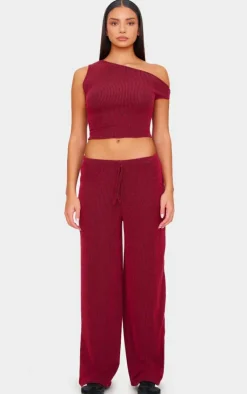 New PrettyLittleThing Two Tone Crinkle Rib Off Shoulder Top Burgundy