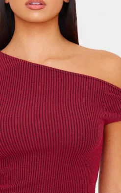 New PrettyLittleThing Two Tone Crinkle Rib Off Shoulder Top Burgundy