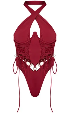 Burgundy Underwired Lace Up O Ring High Leg Swimsuit
