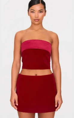Discount PrettyLittleThing Velvet Satin Foldover Long Top Burgundy