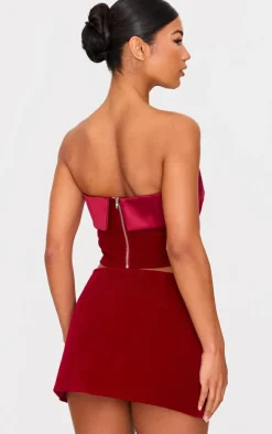 Discount PrettyLittleThing Velvet Satin Foldover Long Top Burgundy