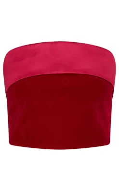 Discount PrettyLittleThing Velvet Satin Foldover Long Top Burgundy
