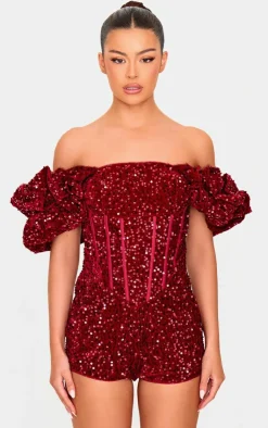 Velvet Sequin Puff Sleeve Romper-PrettyLittleThing Sale