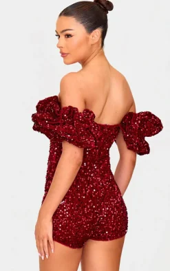 Velvet Sequin Puff Sleeve Romper-PrettyLittleThing Sale
