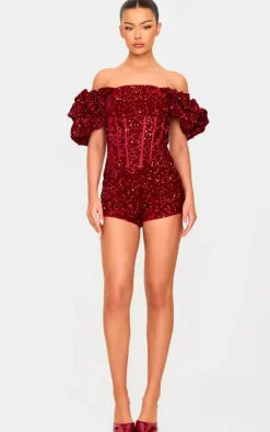 Velvet Sequin Puff Sleeve Romper-PrettyLittleThing Sale
