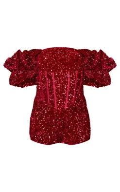 Velvet Sequin Puff Sleeve Romper-PrettyLittleThing Sale
