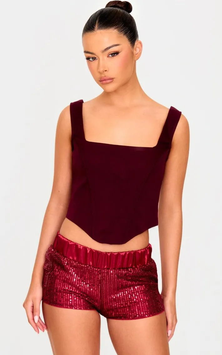 Burgundy Waistband Detail Sequin Mini Shorts