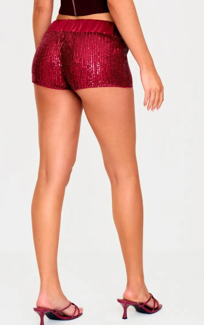 Burgundy Waistband Detail Sequin Mini Shorts