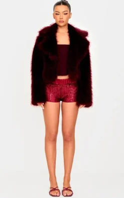 Burgundy Waistband Detail Sequin Mini Shorts