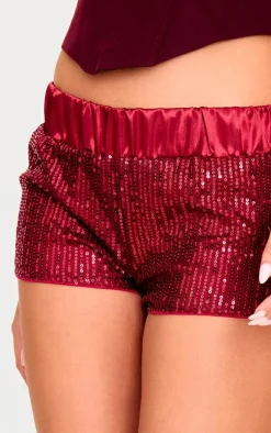 Burgundy Waistband Detail Sequin Mini Shorts