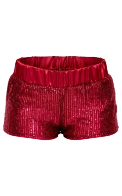 Burgundy Waistband Detail Sequin Mini Shorts