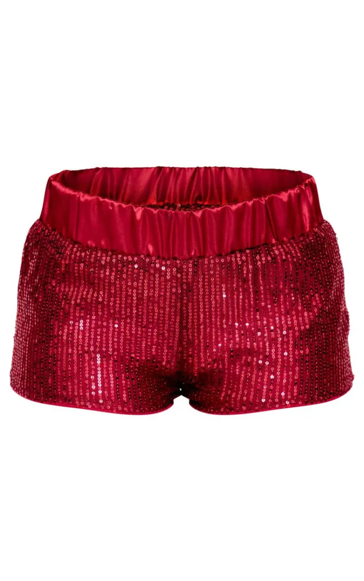 Burgundy Waistband Detail Sequin Mini Shorts