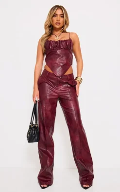 New PrettyLittleThing Washed Faux Leather Dip Waist Flared Pants Burgundy