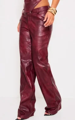 New PrettyLittleThing Washed Faux Leather Dip Waist Flared Pants Burgundy