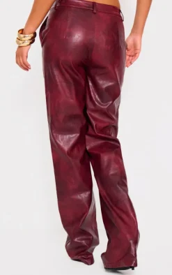 New PrettyLittleThing Washed Faux Leather Dip Waist Flared Pants Burgundy