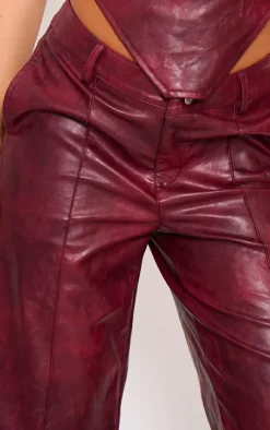 New PrettyLittleThing Washed Faux Leather Dip Waist Flared Pants Burgundy