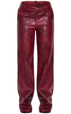 New PrettyLittleThing Washed Faux Leather Dip Waist Flared Pants Burgundy