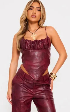 Sale PrettyLittleThing Washed Faux Leather Ruched Bust Curve Hem Top Burgundy