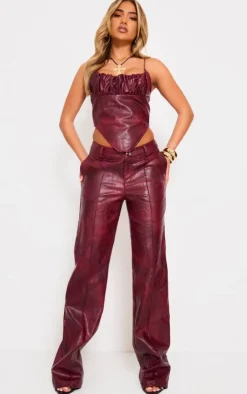 Sale PrettyLittleThing Washed Faux Leather Ruched Bust Curve Hem Top Burgundy