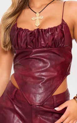 Sale PrettyLittleThing Washed Faux Leather Ruched Bust Curve Hem Top Burgundy