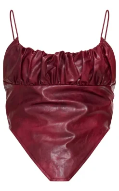Sale PrettyLittleThing Washed Faux Leather Ruched Bust Curve Hem Top Burgundy