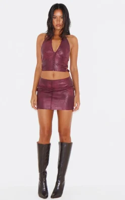 Hot PrettyLittleThing Washed Faux Leather Seam Detail Low Rise Micro Mini Skirt Burgundy