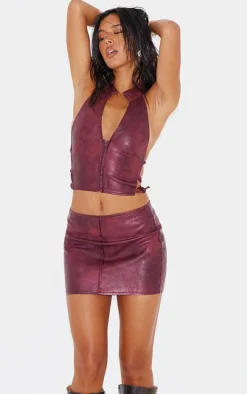 Hot PrettyLittleThing Washed Faux Leather Seam Detail Low Rise Micro Mini Skirt Burgundy