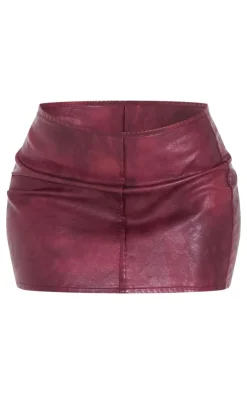 Hot PrettyLittleThing Washed Faux Leather Seam Detail Low Rise Micro Mini Skirt Burgundy