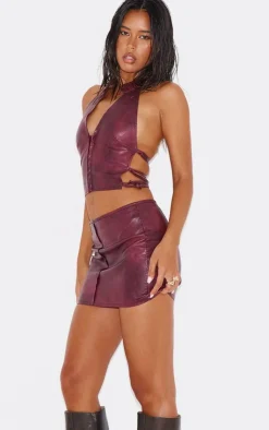 New PrettyLittleThing Washed Faux Leather Zip Front Halterneck Corset Burgundy
