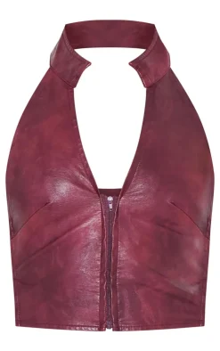 New PrettyLittleThing Washed Faux Leather Zip Front Halterneck Corset Burgundy