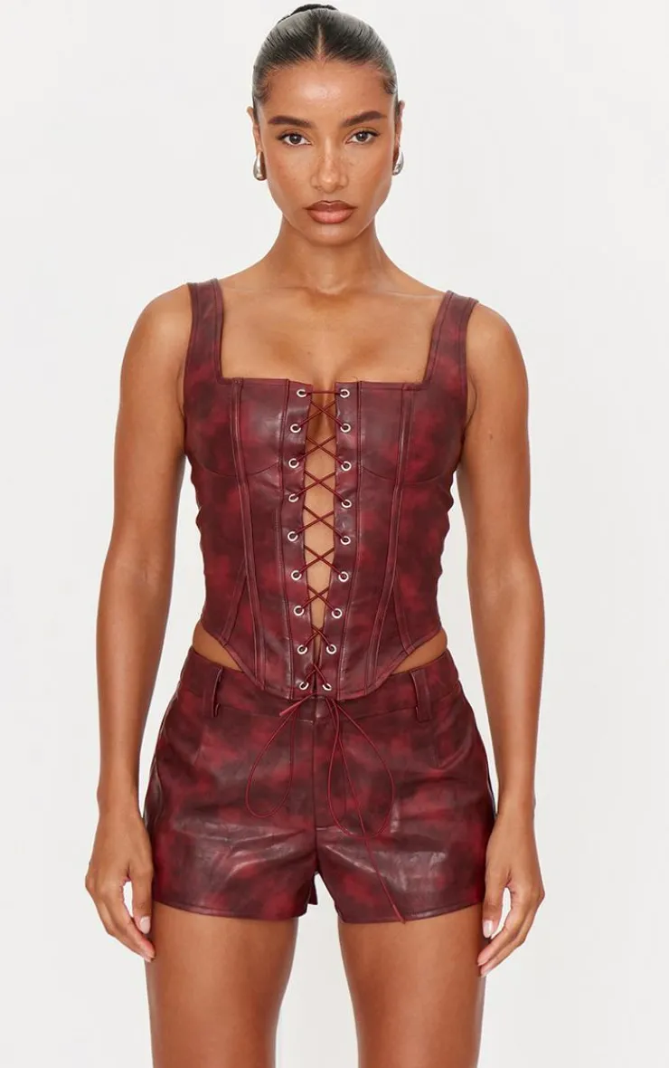 PrettyLittleThing Washed Faux Leather Lace Up Corset Burgundy