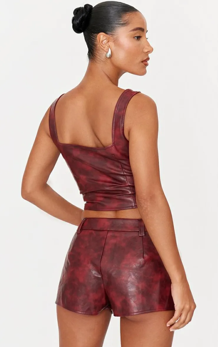 PrettyLittleThing Washed Faux Leather Lace Up Corset Burgundy