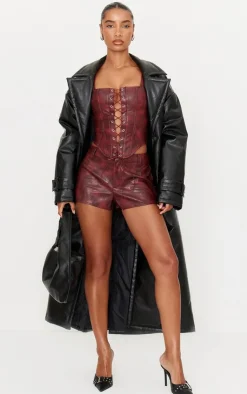 PrettyLittleThing Washed Faux Leather Lace Up Corset Burgundy
