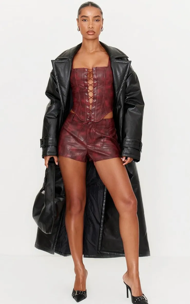PrettyLittleThing Washed Faux Leather Lace Up Corset Burgundy