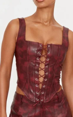 PrettyLittleThing Washed Faux Leather Lace Up Corset Burgundy