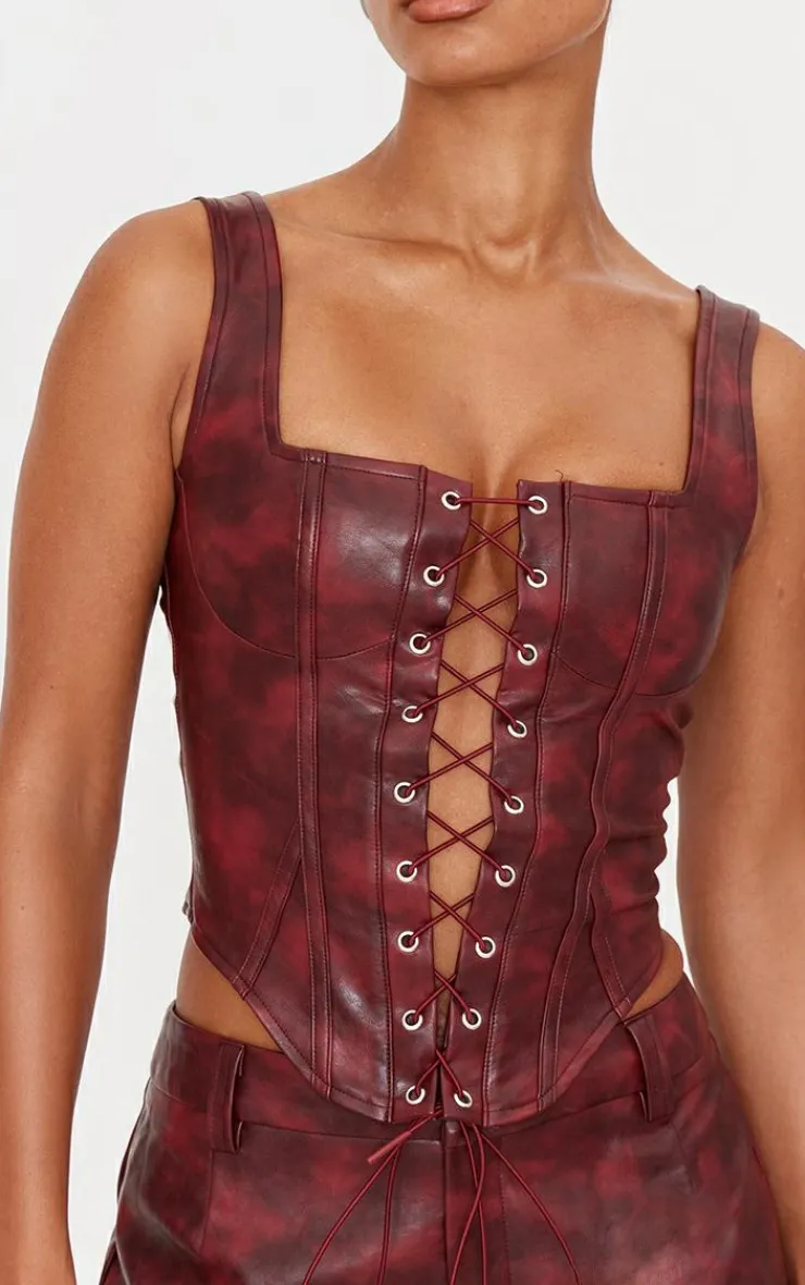 PrettyLittleThing Washed Faux Leather Lace Up Corset Burgundy