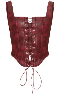 PrettyLittleThing Washed Faux Leather Lace Up Corset Burgundy