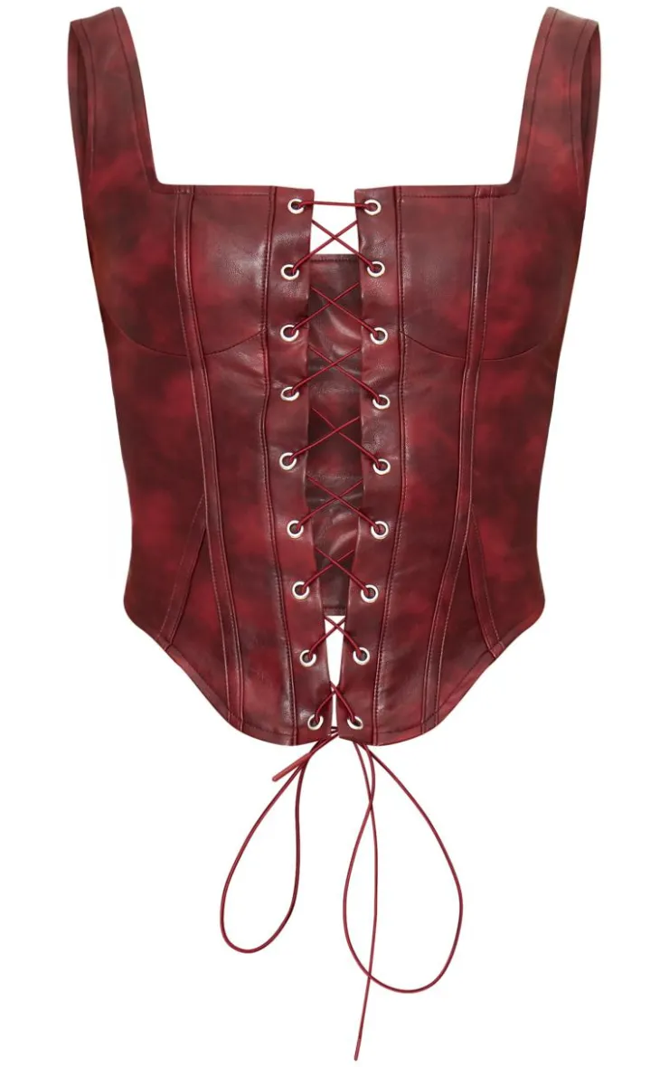 PrettyLittleThing Washed Faux Leather Lace Up Corset Burgundy