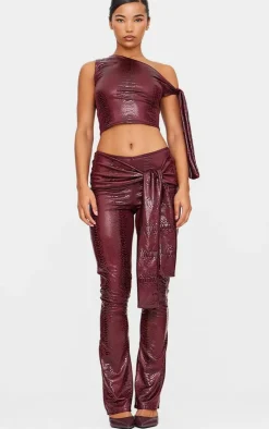 Wet Look Croc Print Knot Detail Low Rise Skinny Flare Pants-PrettyLittleThing New