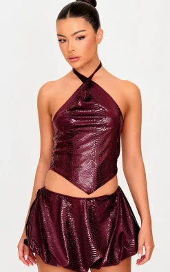 Online PrettyLittleThing Wet Look Croc Print Knotted Halterneck Top Burgundy