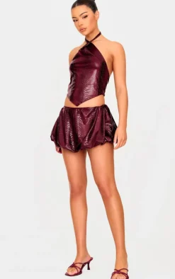 Online PrettyLittleThing Wet Look Croc Print Knotted Halterneck Top Burgundy