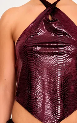 Online PrettyLittleThing Wet Look Croc Print Knotted Halterneck Top Burgundy