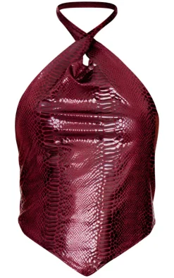 Online PrettyLittleThing Wet Look Croc Print Knotted Halterneck Top Burgundy