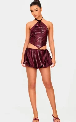 Online PrettyLittleThing Wet Look Croc Print Mini Skirt Burgundy