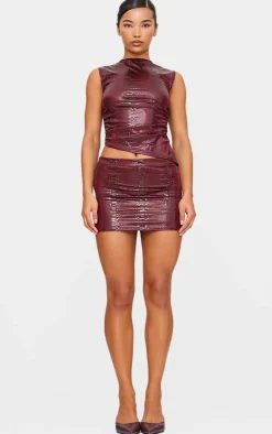 New PrettyLittleThing Wet Look Croc Printed Micro Mini Skirt Burgundy