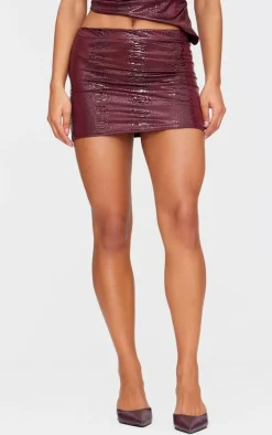 New PrettyLittleThing Wet Look Croc Printed Micro Mini Skirt Burgundy