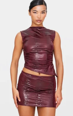 New PrettyLittleThing Wet Look Croc Printed Micro Mini Skirt Burgundy